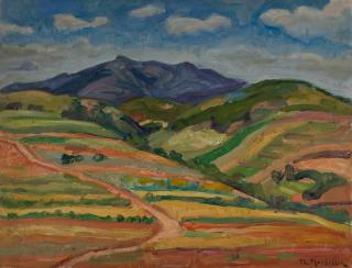 Attic Landscape with Heavy White Clouds — Oil painting, Canvas, 50.00×65.00cm — Theodoros Markellos